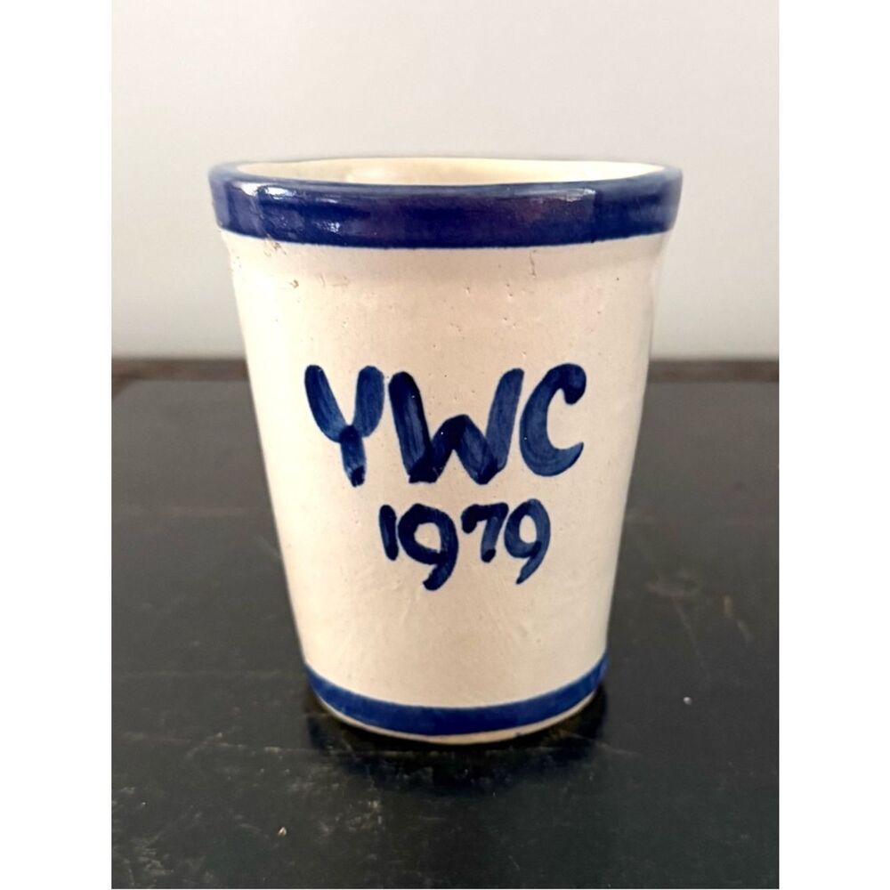 Louisville Stoneware USA Hand Painted Blue YWC Cup Vintage 1979